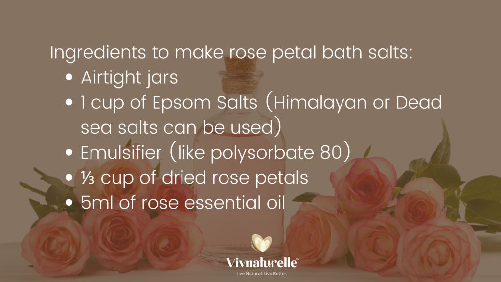 Ingredients to make rose petal bath salts